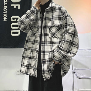 珀斯人時尚毛呢夾克秋季男士青年格子工裝服帥氣外套潮流