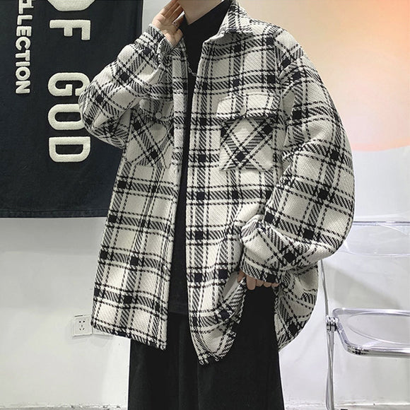 珀斯人時尚毛呢夾克秋季男士青年格子工裝服帥氣外套潮流