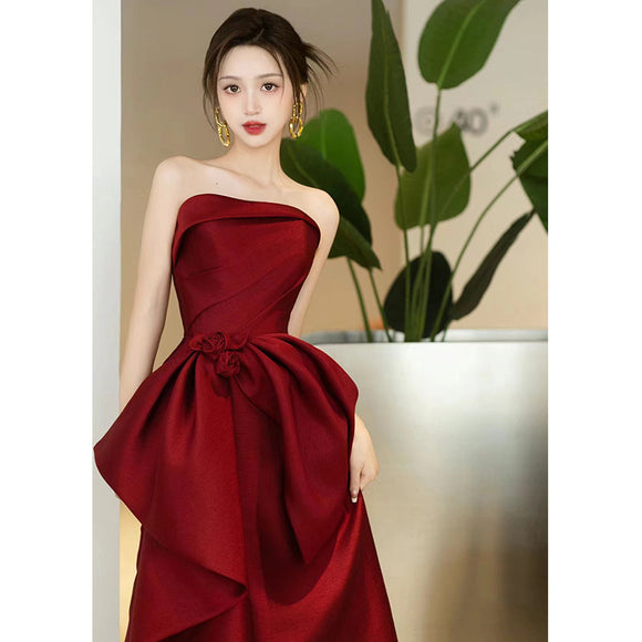敬酒服新娘酒紅色高級感緞面內衣小個子結婚回門訂婚禮服