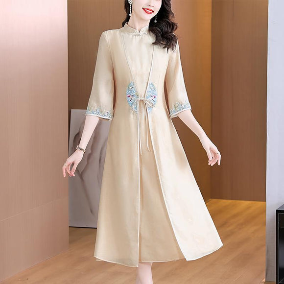 改良旗袍洋裝女2023春夏時尚新中式茶服刺繡假兩件中長裙潮