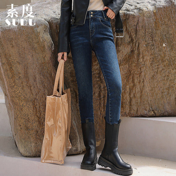 素度冬季植絨高腰加厚小腳褲女彈力修身顯瘦毛邊女牛仔褲百搭靴褲