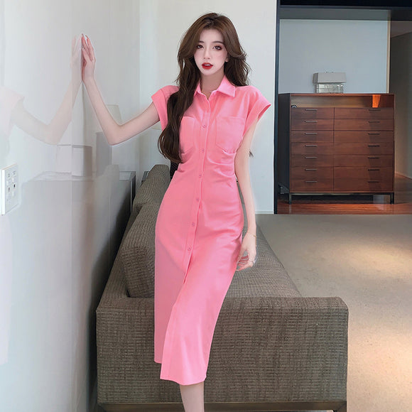 2023夏季時尚翻領褶皺設計感顯瘦無袖襯衫休閒洋裝女