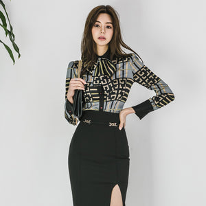 格子雪紡印花襯衫兩件套2023韓版時尚氣質顯瘦蝴蝶結領結上衣