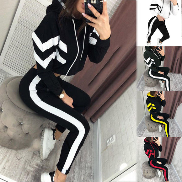 9528#歐美秋季女裝連帽露臍棉質上衣套裝兩件式套裝