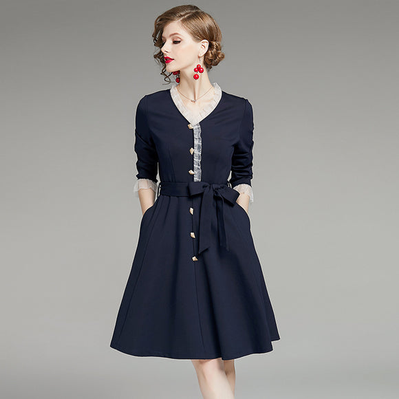 1935207-春秋冬女雪紡拼接名媛氣質洋裝簡約通勤OL顯瘦