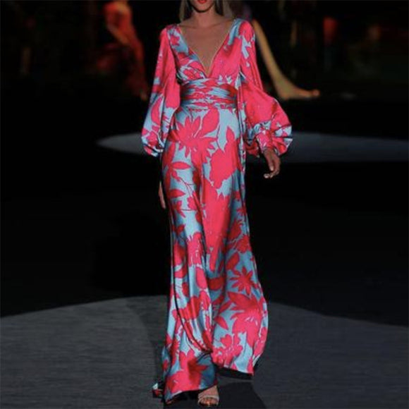 2022夏新款eBay歐美時尚印花V領洋裝