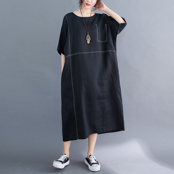 2022年夏季新款大尺碼女裝假口袋拼色棉麻文藝氣質中長款大尺碼洋裝