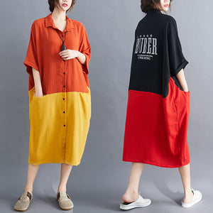 夏季韓版棉麻大尺碼女裝大尺碼印花拼接寬鬆顯瘦中長款洋裝