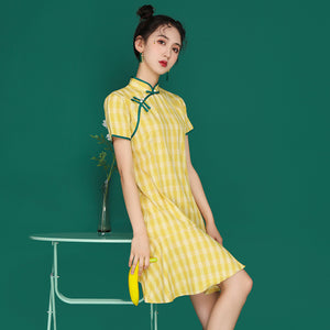 夏季新款女文藝格子魚尾旗袍洋裝少女學生旗袍日常改良短裙