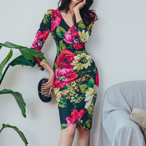 女裝名媛時尚氣質印花收腰顯瘦花朵修身性感連衣裙