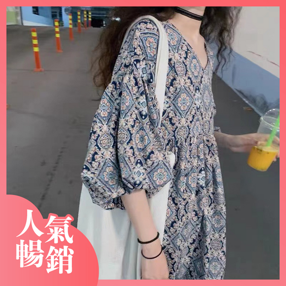 日系復古碎花寬鬆顯瘦洋裝