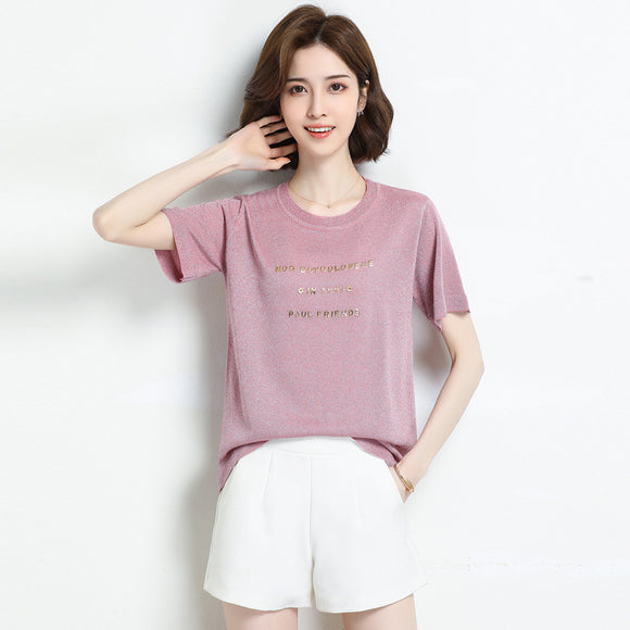 冰絲T恤女韓版夏季短袖寬鬆內搭上衣薄字母亮絲針織衫上衣