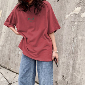 短袖T恤女新款夏季簡約字母印花寬鬆韓版學生上衣大尺碼女裝潮