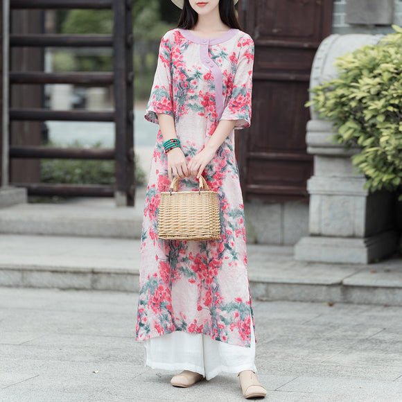2021夏季新款復古文藝女裝棉麻五分袖改良旗袍洋裝花色顯瘦長裙