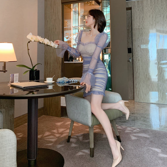 衣服裙子2023春季歐美氣質泡泡袖網紗褶皺包臀修身連衣裙6060