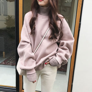 含棉長袖棉質上衣女秋季新款韓版高領寬鬆純色百da上衣服女裝