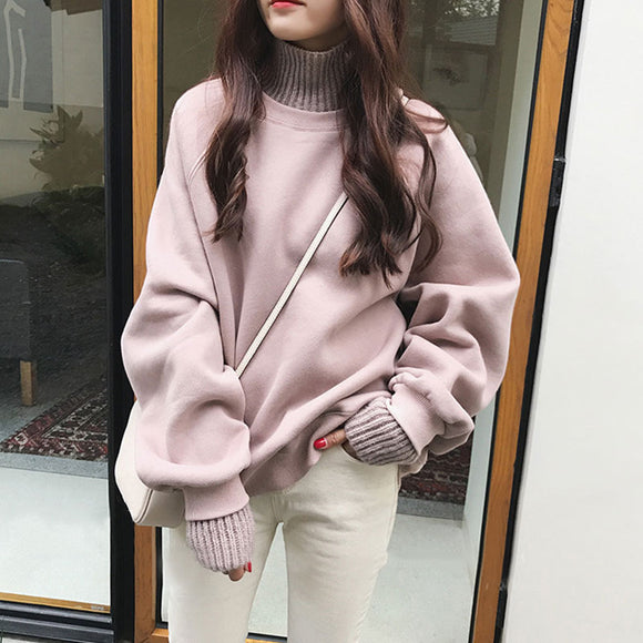 含棉長袖棉質上衣女秋季新款韓版高領寬鬆純色百da上衣服女裝