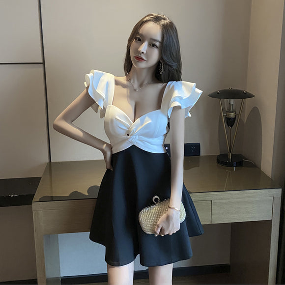 夜店女裝深v領低胸收腰a字裙修身遮肚顯瘦女短裙夜店風性感洋裝
