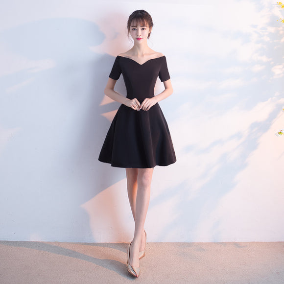 宴會晚禮服女短款2023顯瘦優雅公主一字肩韓版修身禮服洋裝