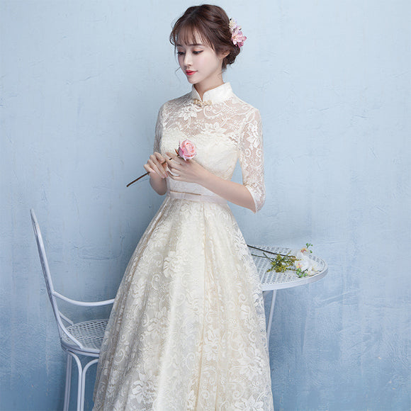 中式伴娘服2023夏季五分袖晚禮服長款結婚禮服敬酒服改良旗袍