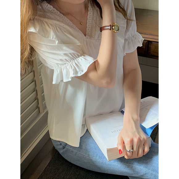 小香盯甜美天絲女上衣蕾絲拼接V領內搭上衣後背繫帶夏季短袖襯衫3001
