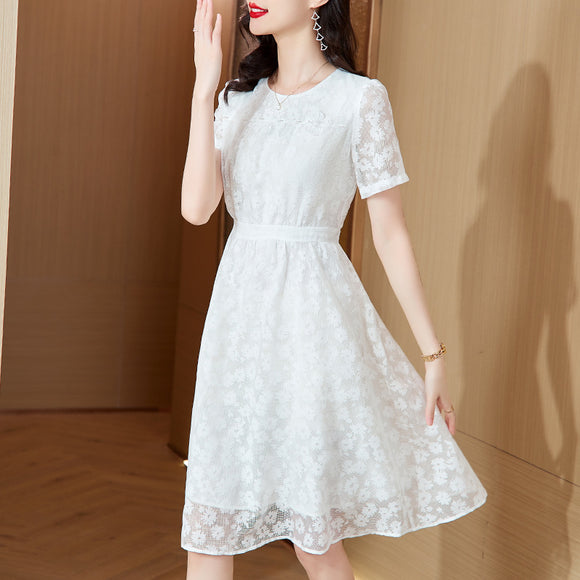 法式燒花雪紡白色洋裝女2023夏季時尚優雅氣質穿搭蕾絲裙子