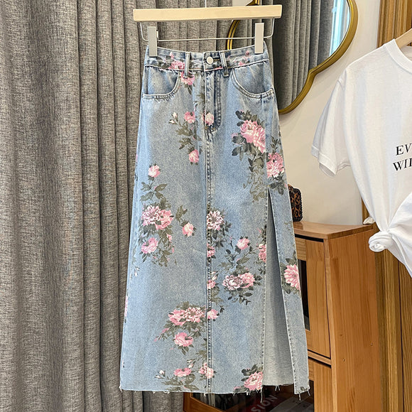 S-5XL 大尺碼印花牛仔裙女半身裙高腰中長牛仔裙一步開叉A字裙