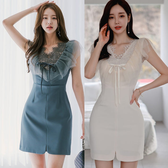 清新氣質拼接網紗洋裝2023夏季韓版修身蕾絲時尚包臀洋裝