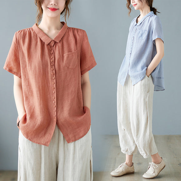 韓版棉麻襯衫女夏寬鬆大尺碼氣質翻領純色T恤亞麻短袖上衣