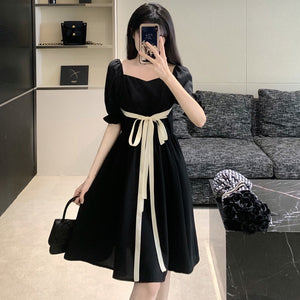 赫本風方領法式洋裝設計感拼接繫帶蝴蝶結洋裝夏季氣質小黑裙