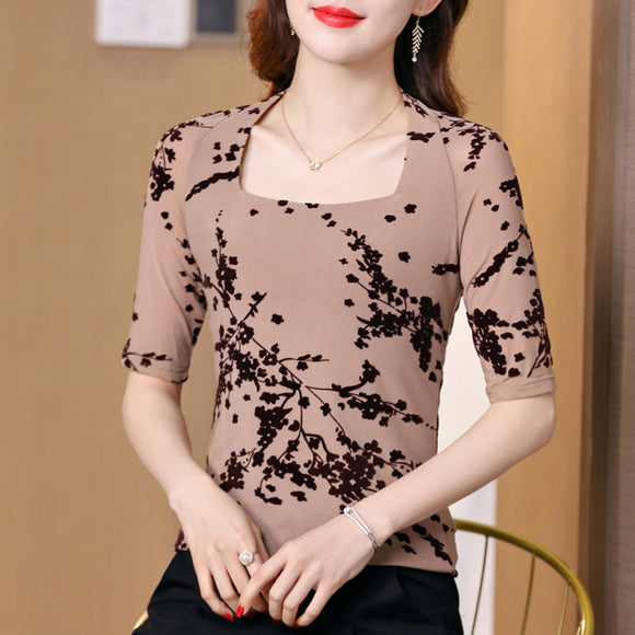 經典百搭修身顯瘦植絨網紗五分袖內搭上衣舞蹈服女