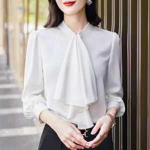 2022初秋新款荷葉領醋酸內搭上衣名媛風小眾設計感長袖襯衫女氣質