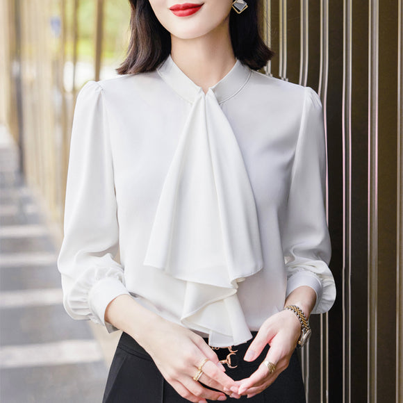 2022初秋新款荷葉領醋酸內搭上衣名媛風小眾設計感長袖襯衫女氣質