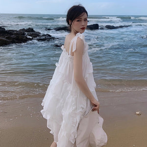 甜美超仙不規則吊帶洋裝寬鬆顯瘦ig超火白色海邊沙灘仙女裙夏
