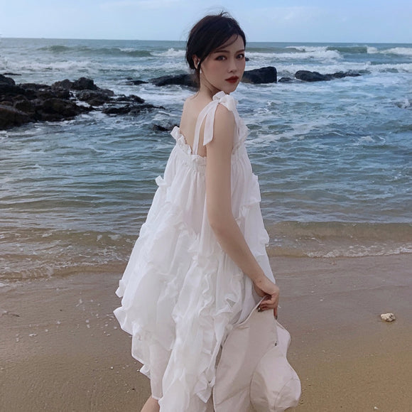甜美超仙不規則吊帶洋裝寬鬆顯瘦ig超火白色海邊沙灘仙女裙夏