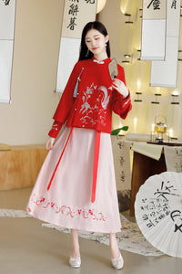 秋季兩件式套裝復古文藝拜年服中國風唐裝伴娘服古風元素改良漢服