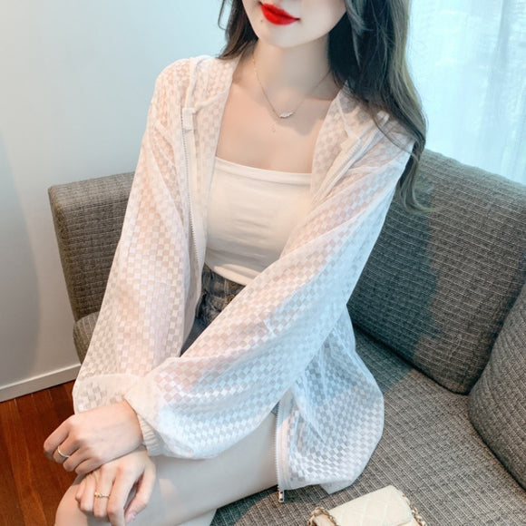 2023夏季韓版格子寬鬆連帽防曬衣長袖拉鍊開衫歐美薄外套女