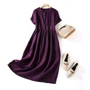 休閒簡約文藝亞麻色洋裝立領短袖中長款紫色圓領長裙