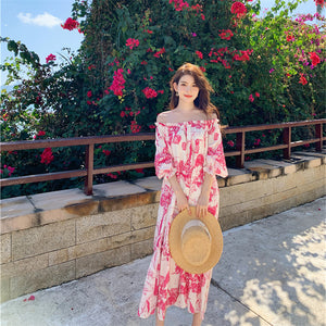 2022新款海邊度假性感一字肩印花洋裝女夏季三亞旅遊拍照長裙子