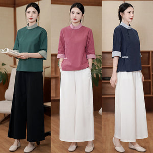 夏季套裝棉麻唐裝女中國風禪意茶服居士服中式旗袍飯店工作服