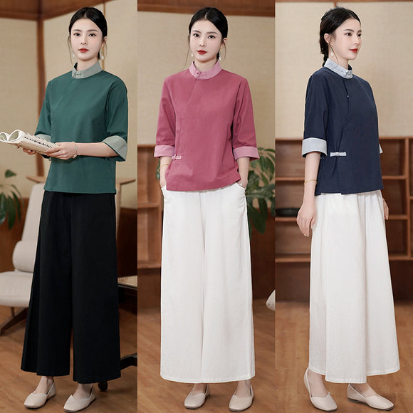 夏季套裝棉麻唐裝女中國風禪意茶服居士服中式旗袍飯店工作服