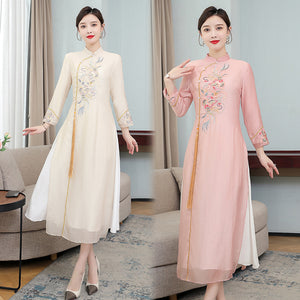 年春季高腰顯瘦粉色旗袍裙中國風漢服改良洋裝XYX6975