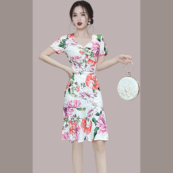 跨境2021夏季新款女裙子修身顯瘦印花裙氣質中長款魚尾包臀洋裝