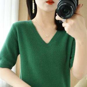 韓版V領短袖針織衫