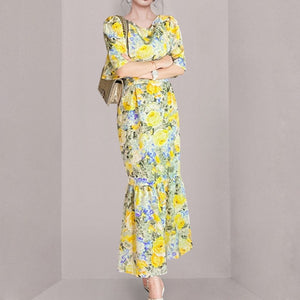 夏裝新款韓版長裙時尚復古收腰顯瘦印花氣質高端洋裝
