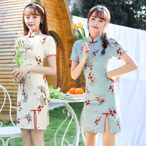 2023四面彈單層短款日常旗袍改良少女款修身禮儀演出短裙