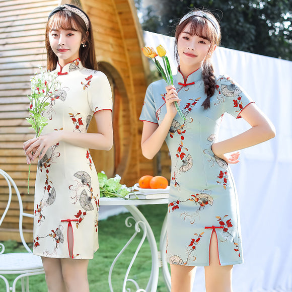 2023四面彈單層短款日常旗袍改良少女款修身禮儀演出短裙