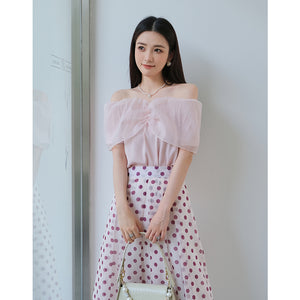 起範 一字肩上衣女夏季新品法式優雅拼接網紗時髦顯瘦內搭上衣80062