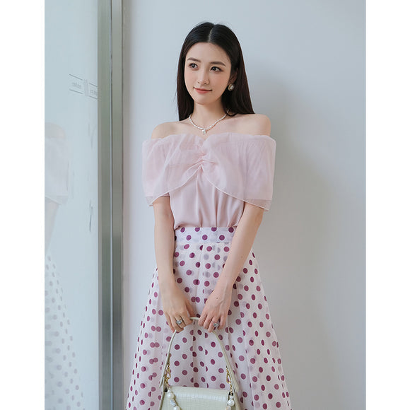 起範 一字肩上衣女夏季新品法式優雅拼接網紗時髦顯瘦內搭上衣80062