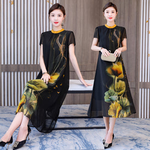仿真絲洋裝桑蠶絲復古印花裙奢華貴夫人氣質裙